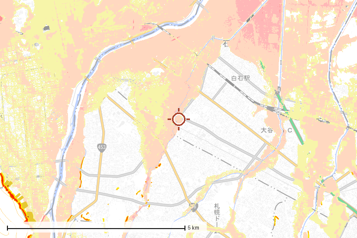 札幌市白石区周辺のハザード重ね図