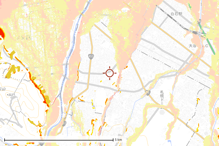 札幌市豊平区周辺のハザード重ね図