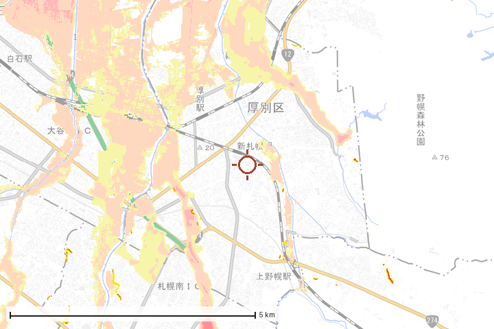 札幌市厚別区周辺のハザード重ね図