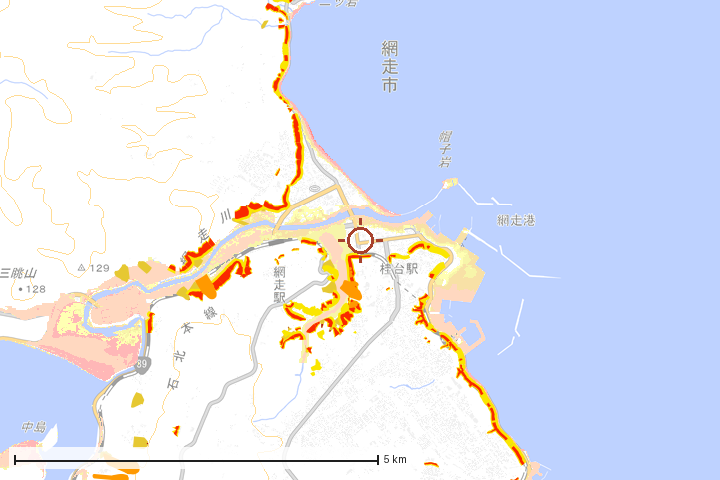 網走市周辺のハザード重ね図