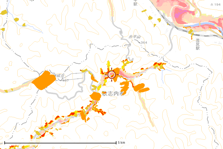 歌志内市周辺のハザード重ね図