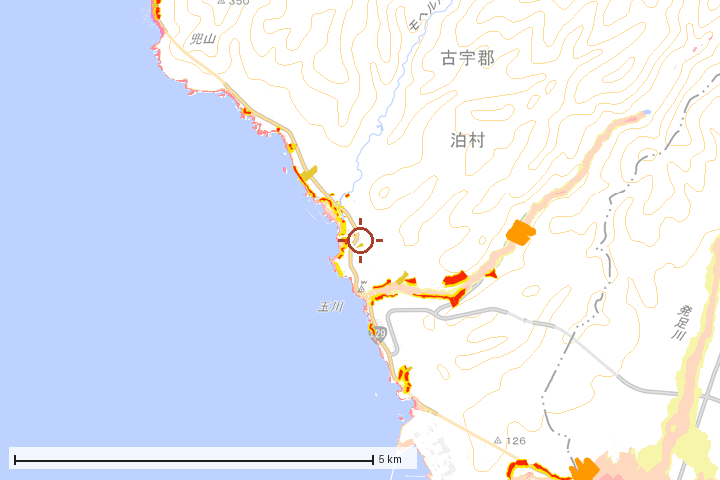 泊村周辺のハザード重ね図