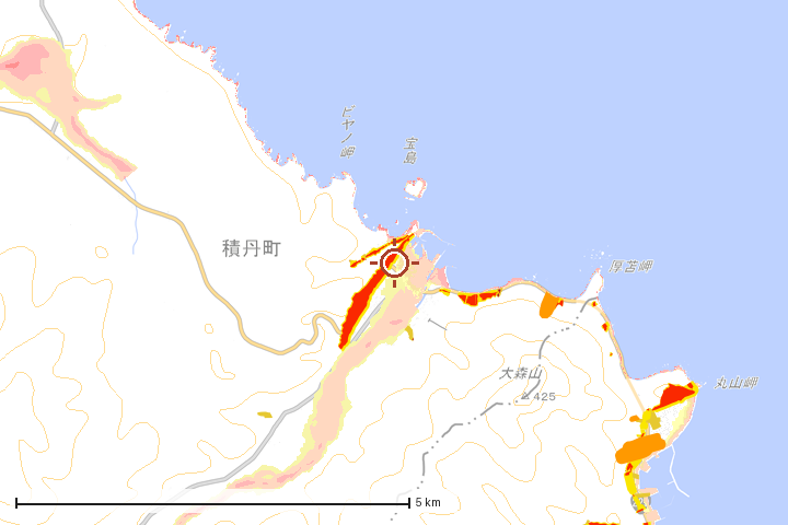 積丹町周辺のハザード重ね図