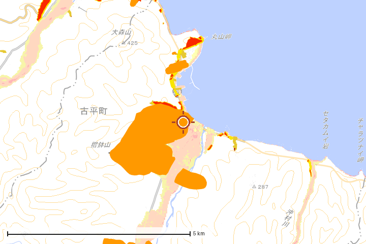 古平町周辺のハザード重ね図