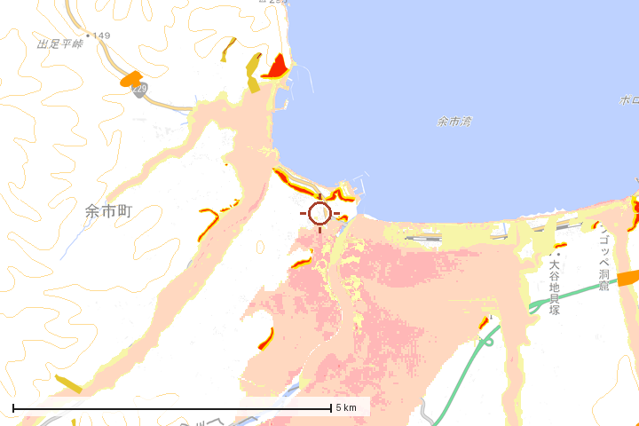 余市町周辺のハザード重ね図