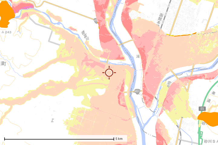 新十津川町周辺のハザード重ね図