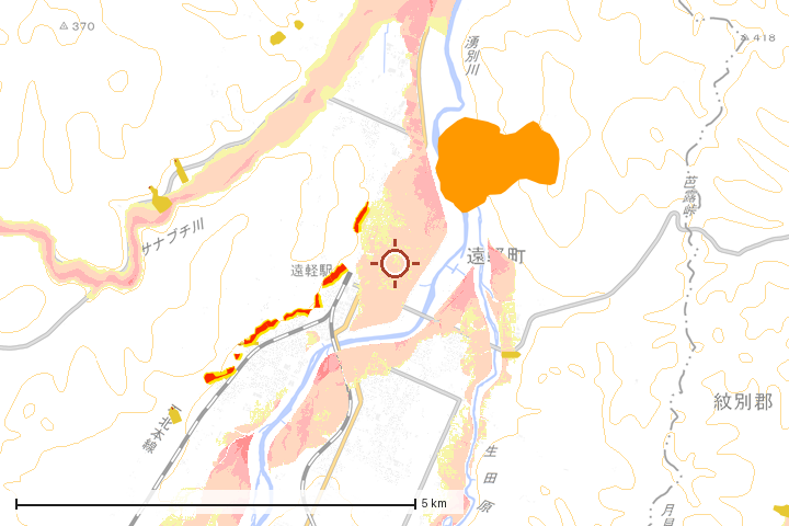遠軽町周辺のハザード重ね図