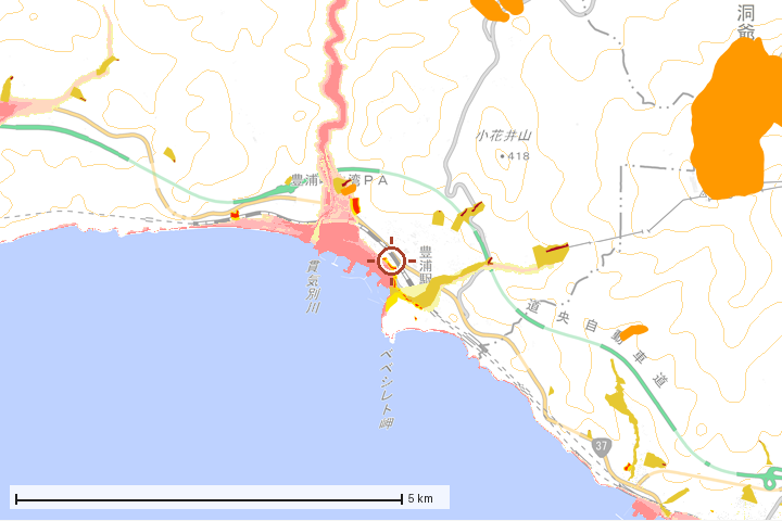 豊浦町周辺のハザード重ね図