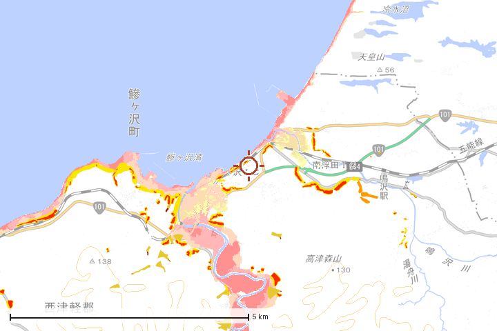 鰺ヶ沢町周辺のハザード重ね図