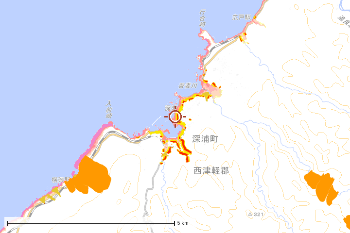 深浦町周辺のハザード重ね図