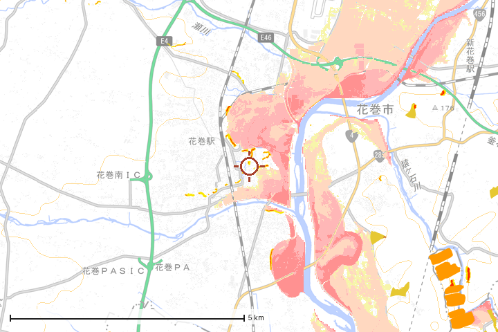 花巻市周辺のハザード重ね図