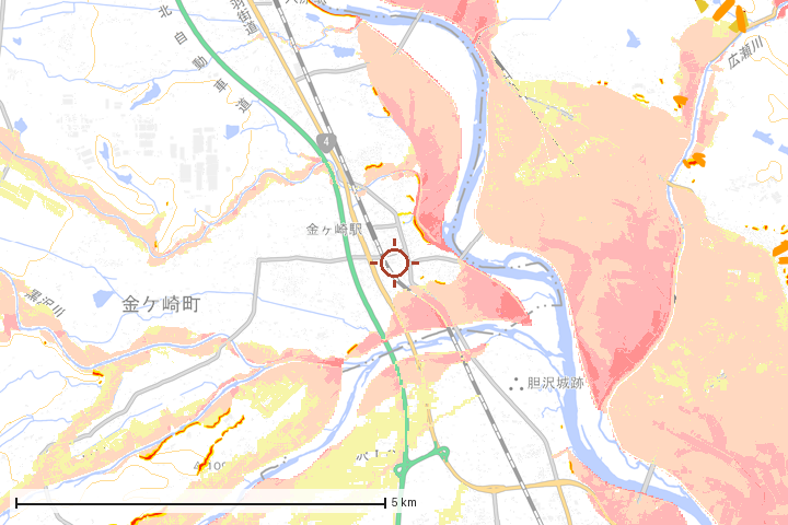 金ケ崎町周辺のハザード重ね図