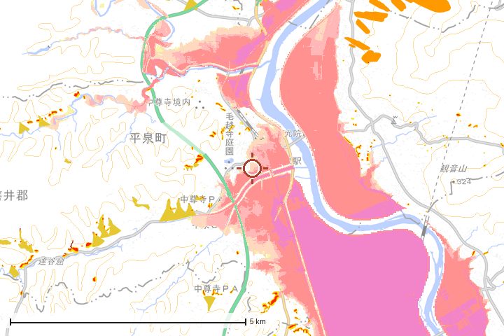 平泉町周辺のハザード重ね図
