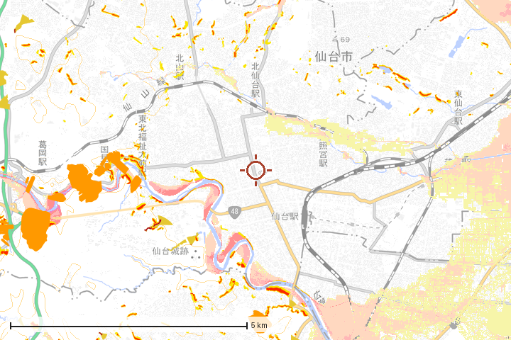 仙台市青葉区周辺のハザード重ね図