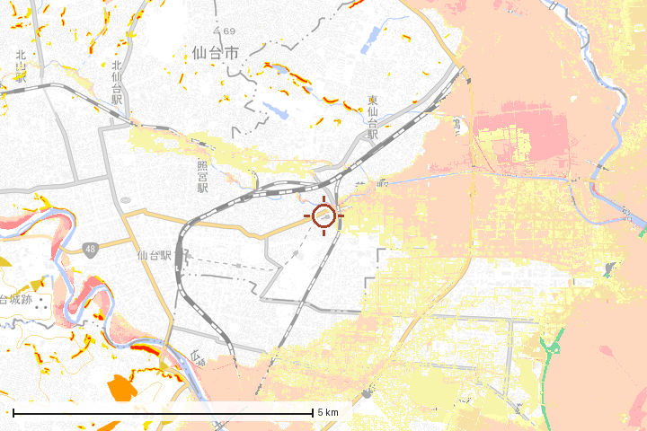 仙台市宮城野区周辺のハザード重ね図