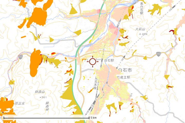 白石市周辺のハザード重ね図