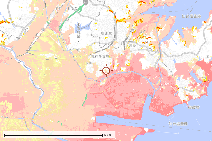 多賀城市周辺のハザード重ね図