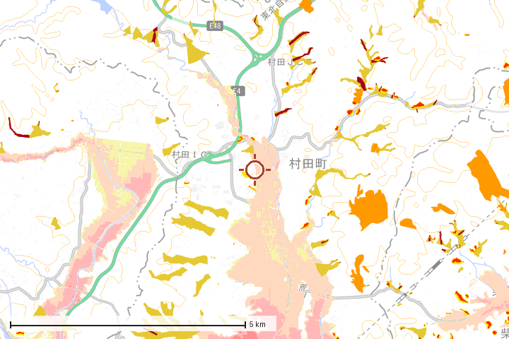 村田町周辺のハザード重ね図