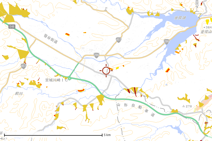 川崎町周辺のハザード重ね図