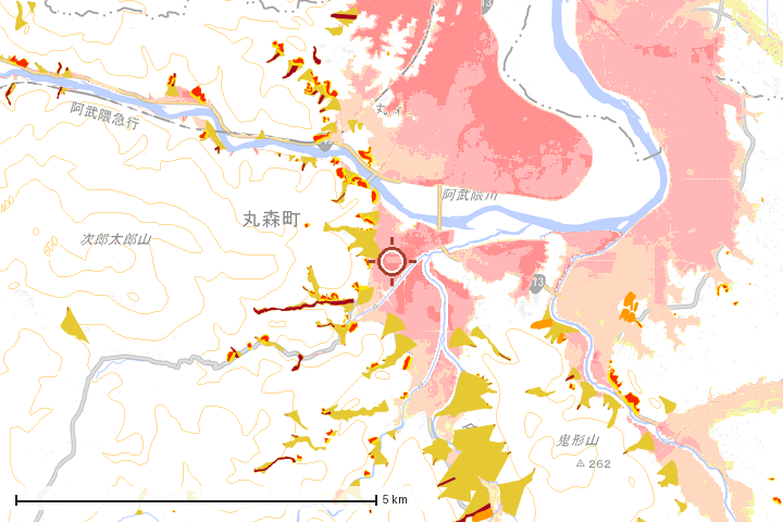 丸森町周辺のハザード重ね図