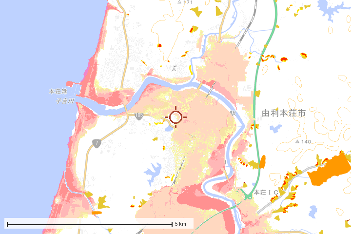 由利本荘市周辺のハザード重ね図