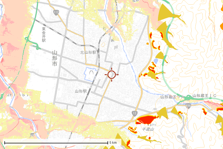 山形市周辺のハザード重ね図