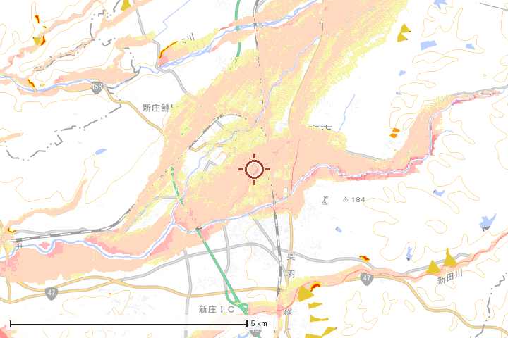 新庄市周辺のハザード重ね図