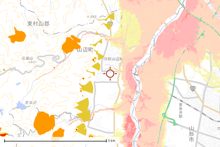 山辺町周辺のハザード重ね図