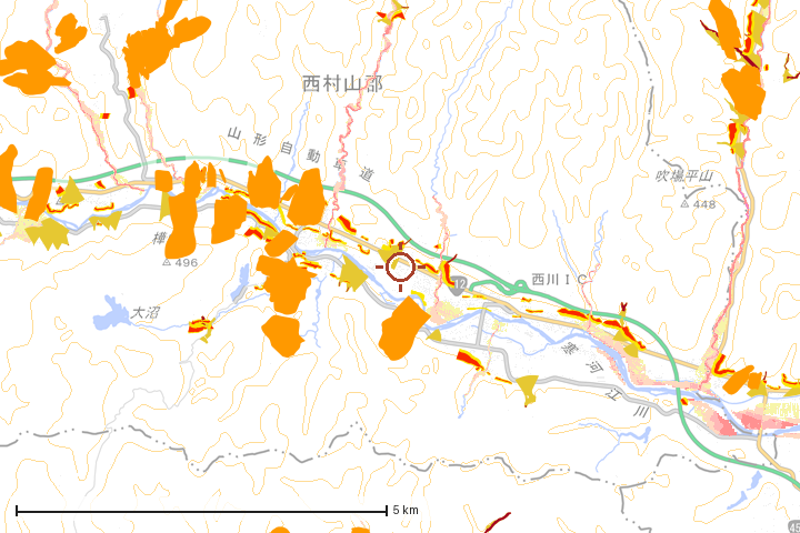西川町周辺のハザード重ね図