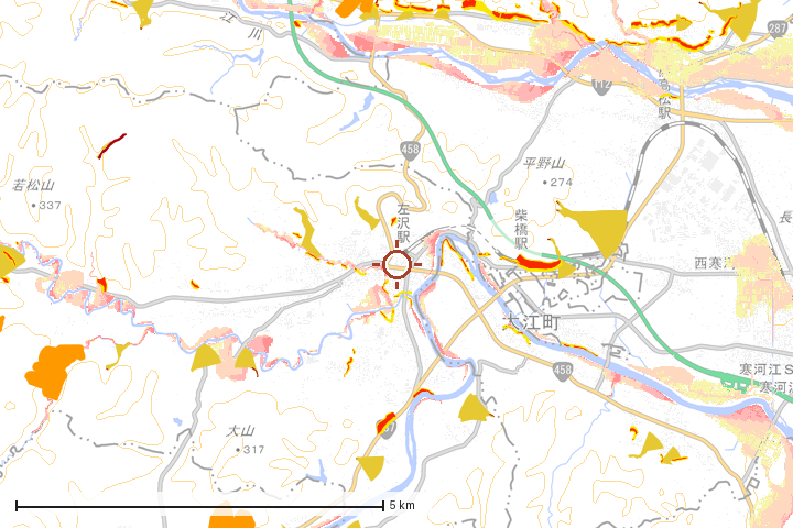 大江町周辺のハザード重ね図