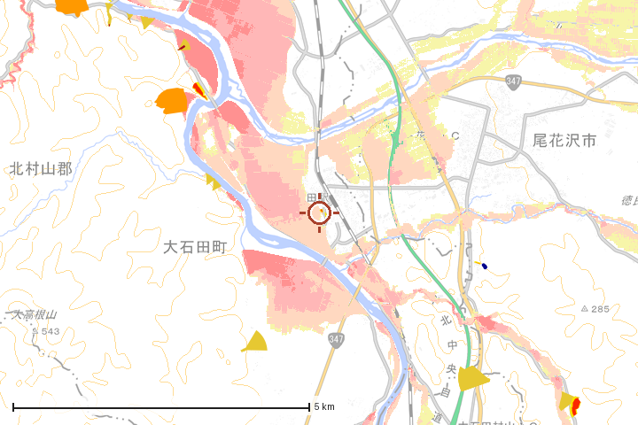 大石田町周辺のハザード重ね図