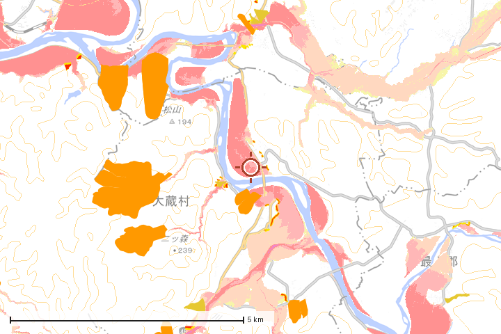 大蔵村周辺のハザード重ね図