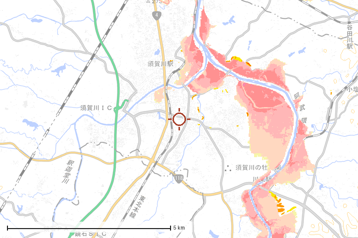 須賀川市周辺のハザード重ね図