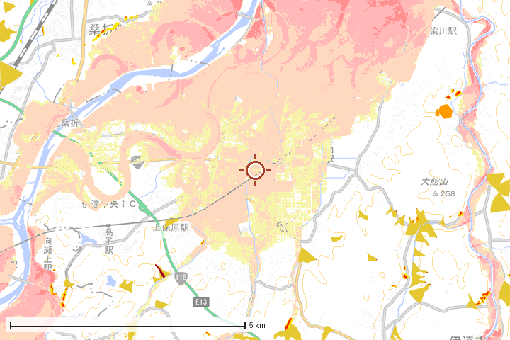 伊達市周辺のハザード重ね図