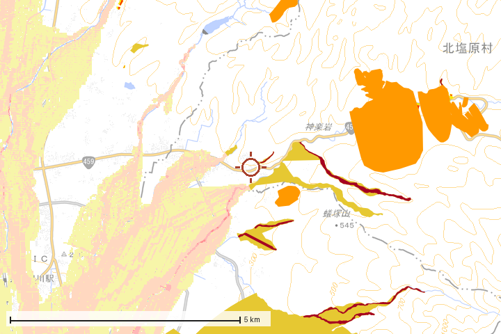 北塩原村周辺のハザード重ね図