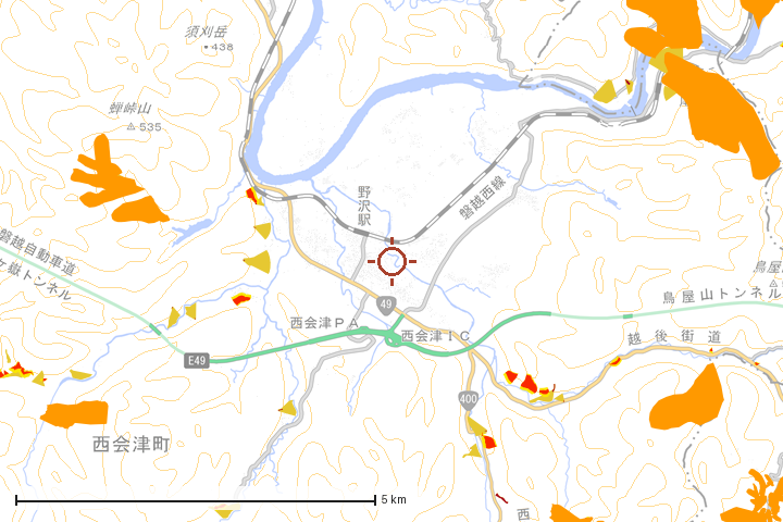 西会津町周辺のハザード重ね図