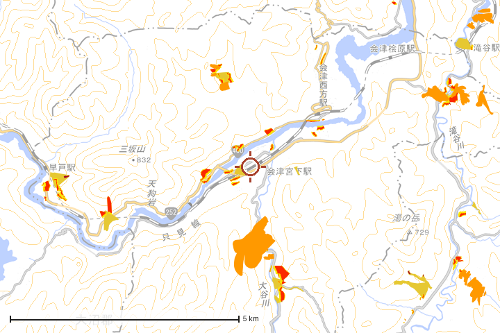 三島町周辺のハザード重ね図