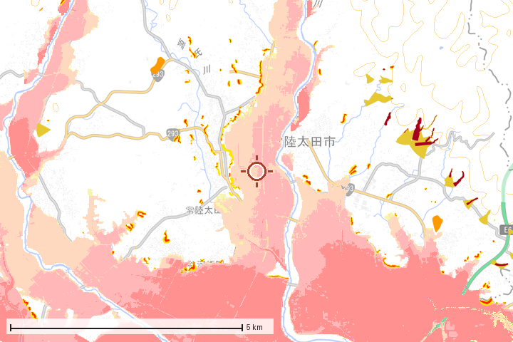 常陸太田市周辺のハザード重ね図