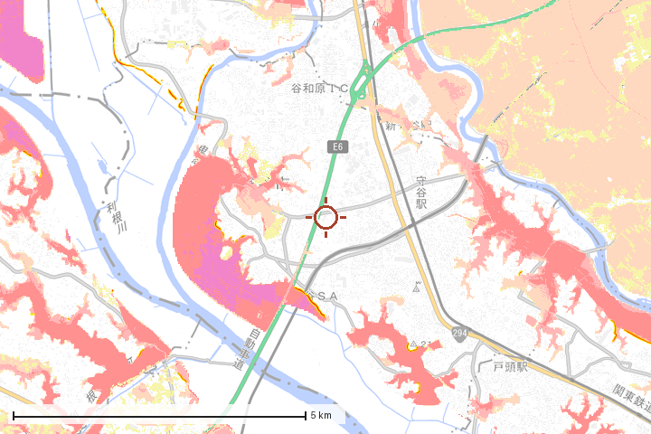守谷市周辺のハザード重ね図