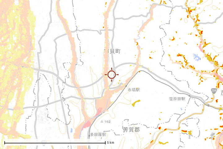 市貝町周辺のハザード重ね図
