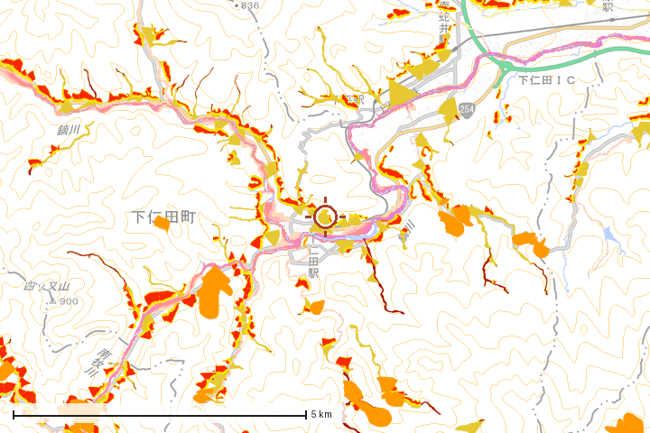 下仁田町周辺のハザード重ね図
