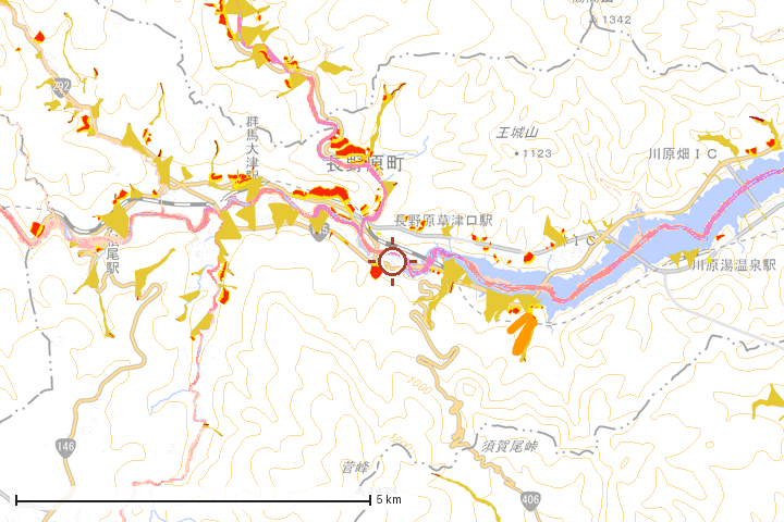 長野原町周辺のハザード重ね図