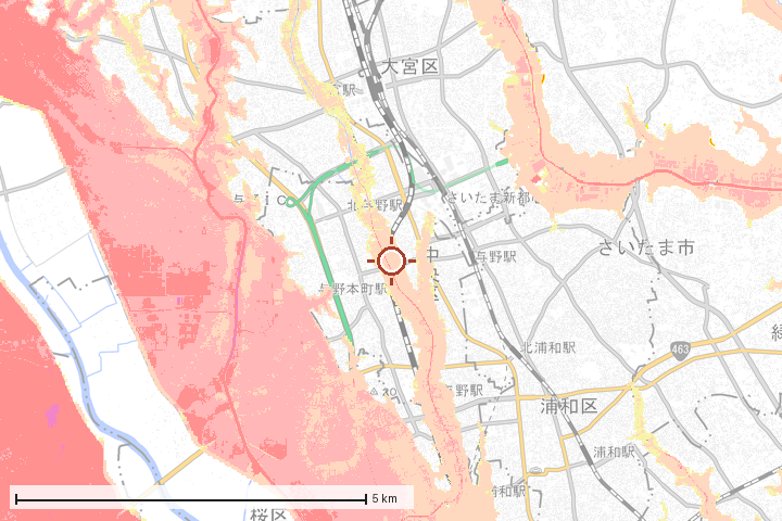 さいたま市中央区周辺のハザード重ね図