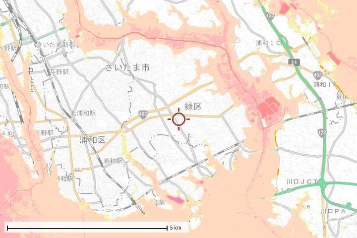 さいたま市緑区周辺のハザード重ね図