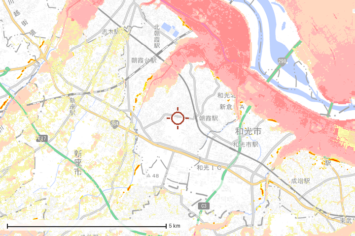 朝霞市周辺のハザード重ね図