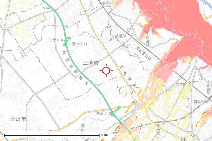 三芳町周辺のハザード重ね図
