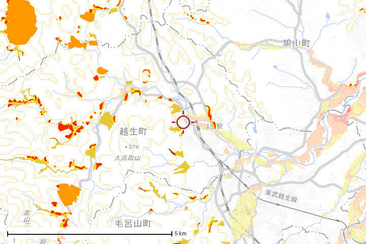 越生町周辺のハザード重ね図