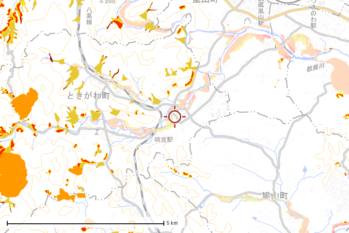 ときがわ町周辺のハザード重ね図