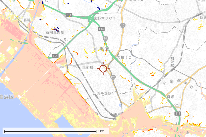 千葉市稲毛区周辺のハザード重ね図