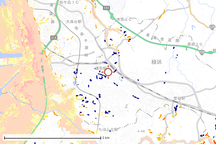 千葉市緑区周辺のハザード重ね図
